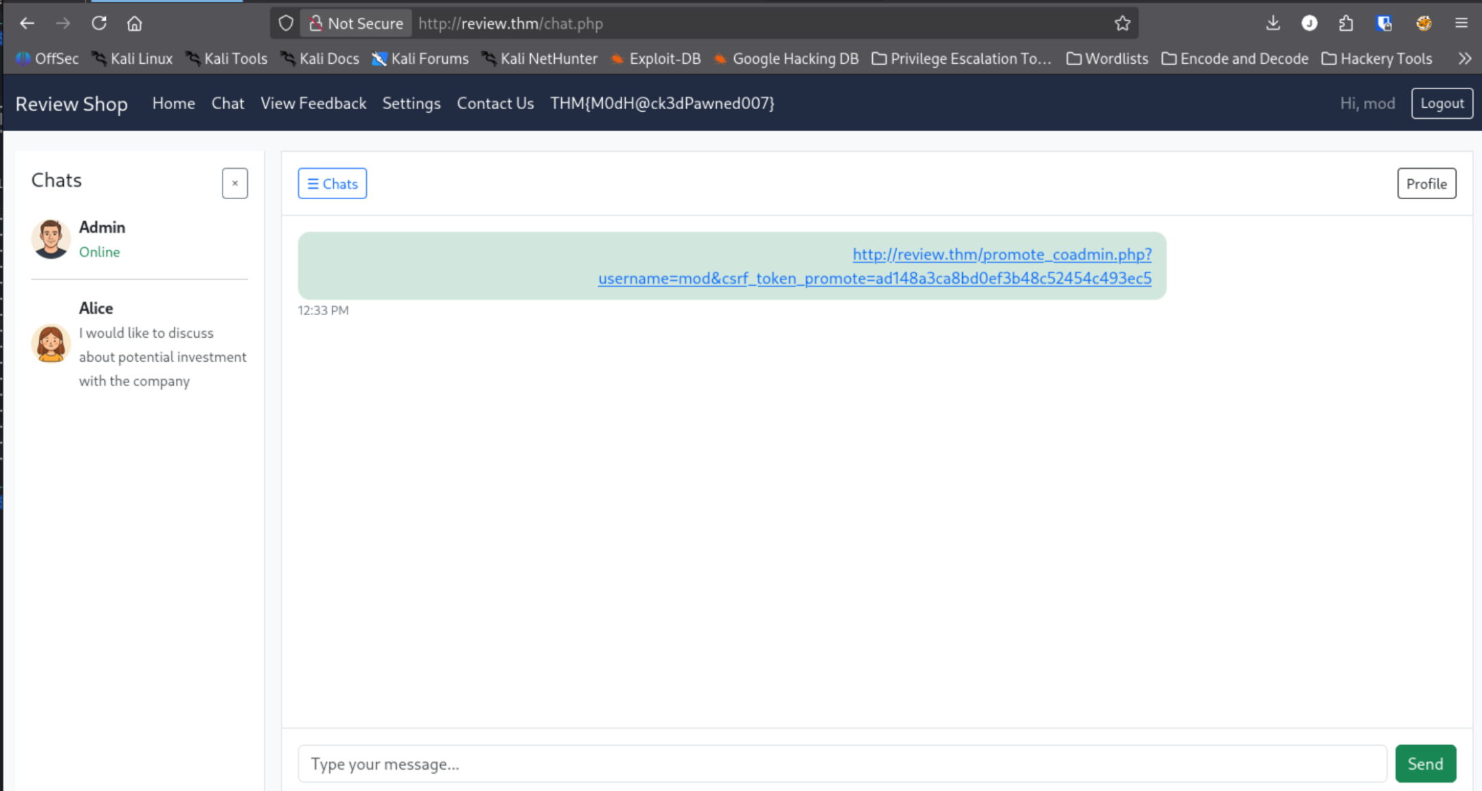 plain URL sent to chat for CSRF promotion attempt